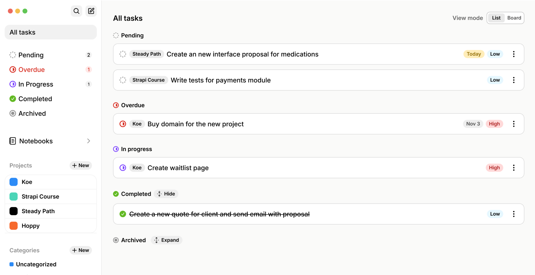 Discover the Keo app interface showing a list of tasks and projects.